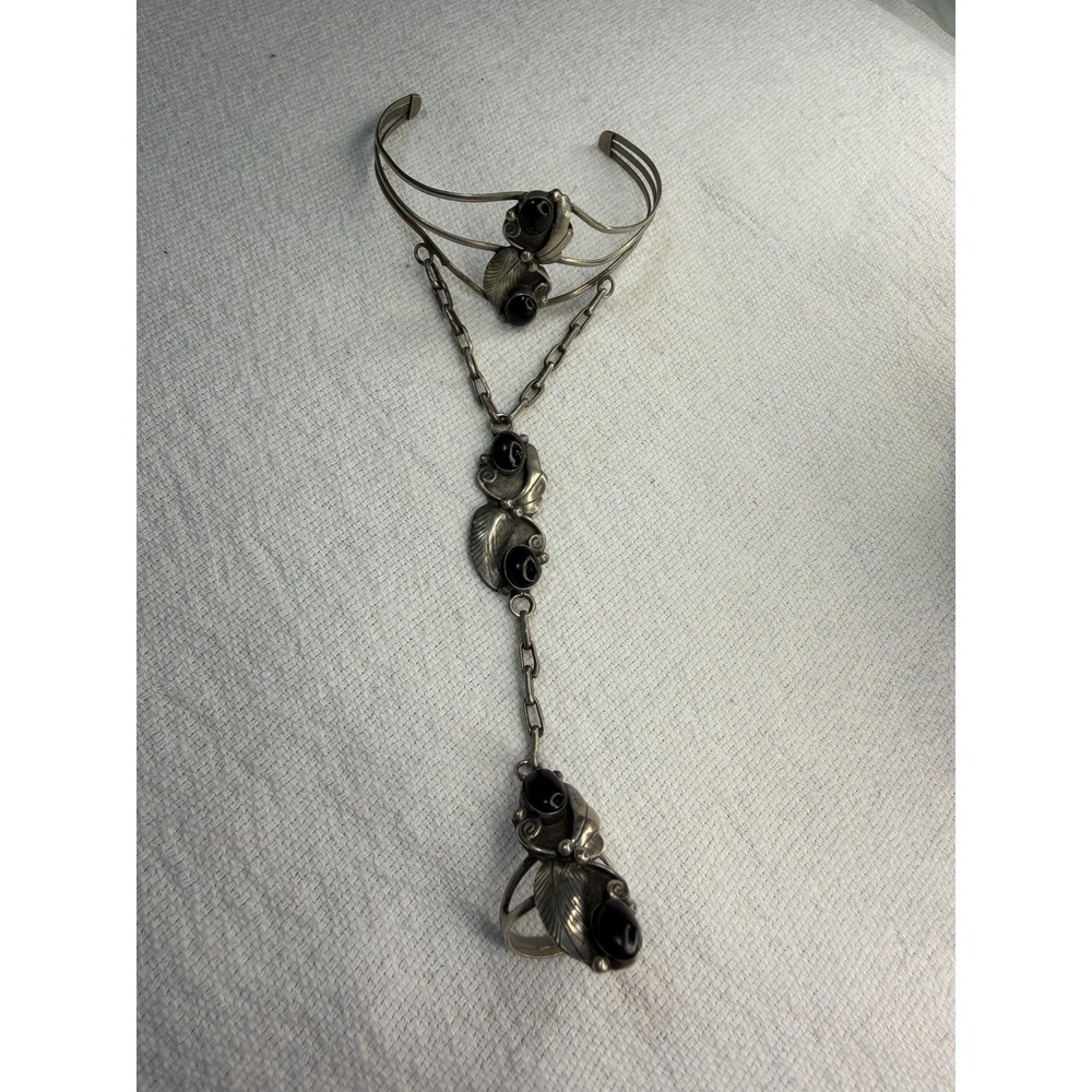 Vintage Navajo Sterling Silver & Black Onyx Statement Slave Bracelet And Ring
